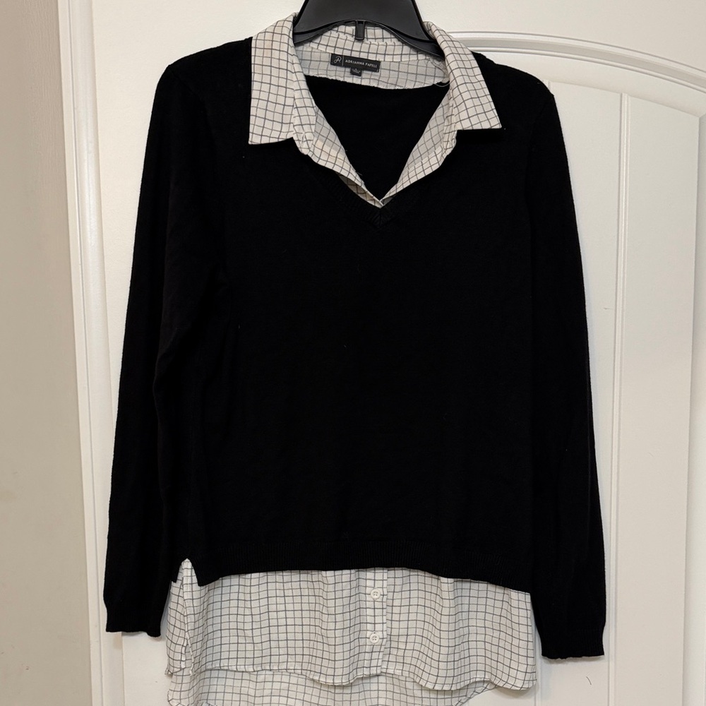 Adrianna Papell Black Top with Grid Pattern Collar